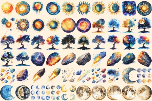 Astronomy Watercolor Clipart Bundle - 400+ transparent PNG, Sky and planet graphics, Celestial starry art, Commercial use, Digital download