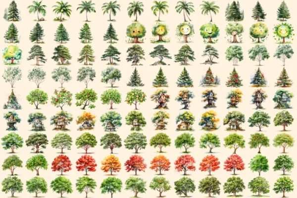 Trees Watercolor Clipart Bundle - 738+ transparent PNG, Scenic tree and landscape graphics, Green nature, Commercial use, Digital download