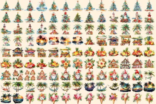 Tropical Christmas Watercolor Clipart Bundle - 790+ transparent PNG, Exotic tropic holiday image,Festive png,Commercial use,Digital download