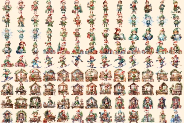 Christmas Elves Watercolor Clipart Bundle - 791+ transparent PNG, Cozy festive magic png, Holiday elf art, Commercial use, Digital download
