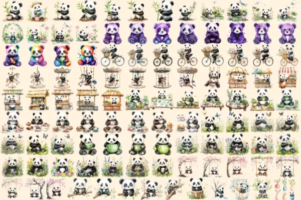 Pandas Watercolor Clipart Bundle - 760+ transparent PNG, Charming panda graphics, Bamboo-loving bear png, Commercial use, Digital download