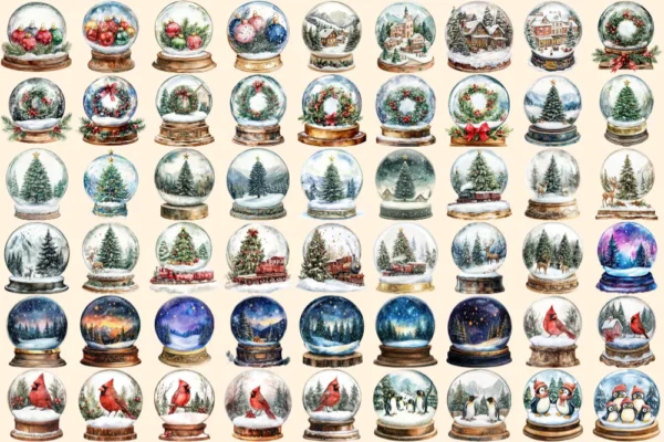 Christmas Snow Globes Watercolor Clipart Bundle - 348+ transparent PNG, Holiday cheer graphics, Cozy winter, Commercial use,Digital download