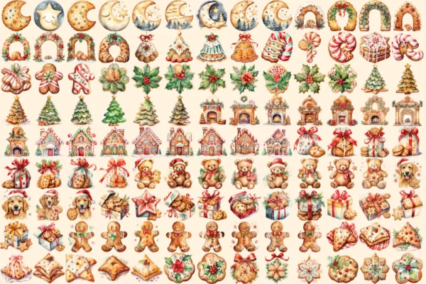 Christmas Cookies Watercolor Clipart Bundle - 815+ transparent PNG, Holiday cookie graphics, Festive baking, Commercial use,Digital download