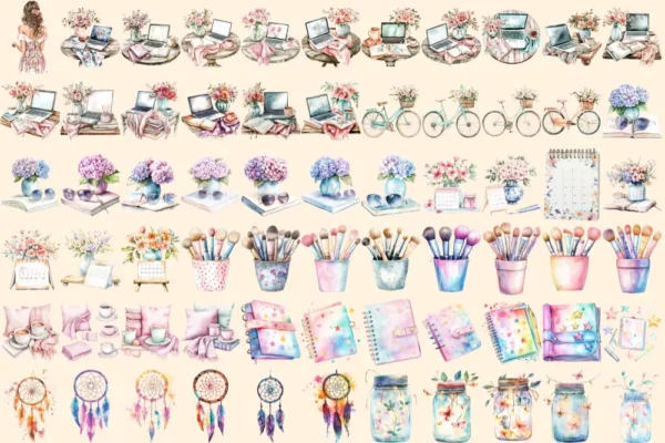 Glam Planner Watercolor Clipart Bundle - 440+ transparent PNG, Trendy organizing graphics, Stylish designs, Commercial use, Digital download