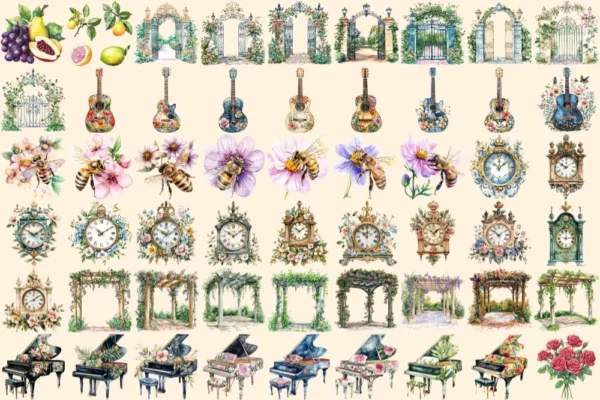 Royal Garden Watercolor Clipart Bundle - 358+ transparent PNG, Royal botanical graphics, Elegant garden png, Commercial use,Digital download