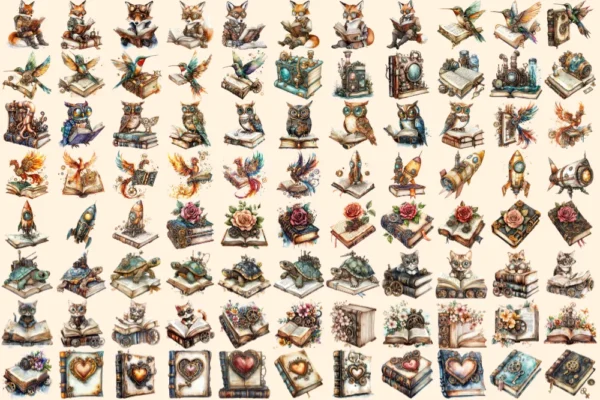 Steampunk Books Watercolor Clipart Bundle - 603+ transparent PNG, Retro sci-fi books images, Futuristic art, Commercial use,Digital download