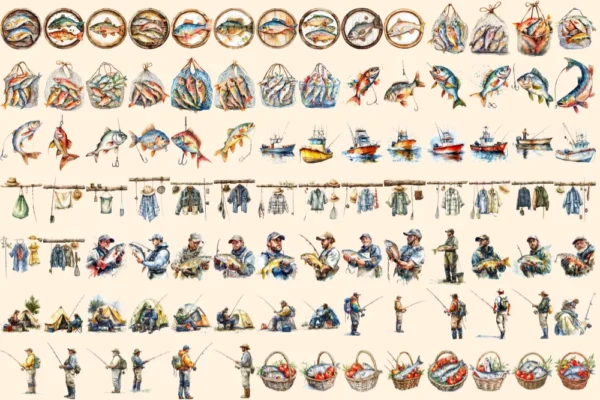 Fishing Watercolor Clipart Bundle - 690+ transparent PNG, Fishing gear illustration, Angler equipment art, Commercial use, Digital download
