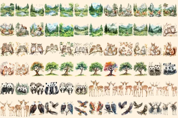 Wild Woodland Watercolor Clipart Bundle - 500+ transparent PNG, Woodland creature graphics, Nature images, Commercial use, Digital download