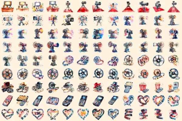 Movie Time Watercolor Clipart Bundle - 760+ transparent PNG, Cinema snacks illustration, Movie night art, Commercial use, Digital download