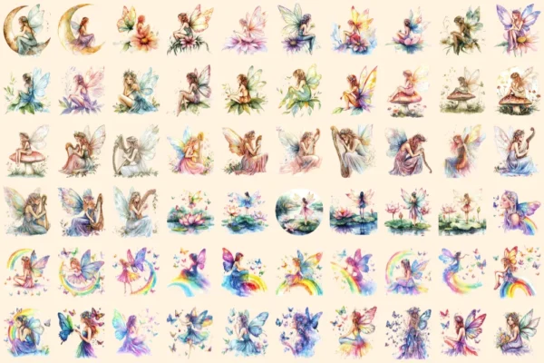 Magical Fairies Watercolor Clipart Bundle - 403+ transparent PNG, Fairy magic graphics, Enchanting images, Commercial use, Digital download