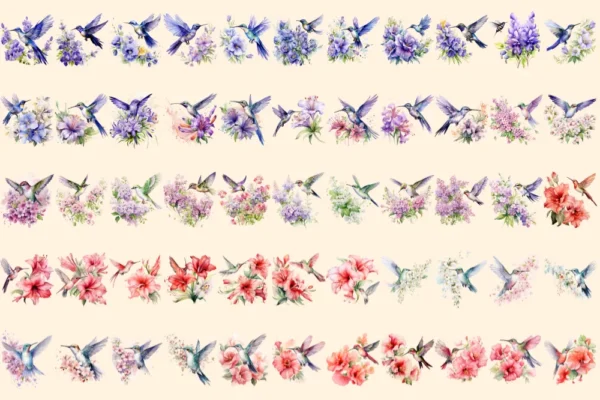 Floral Hummingbirds Watercolor Clipart Bundle - 380+ transparent PNG, Hummingbirds png, Spring bird images, Commercial use, Digital download