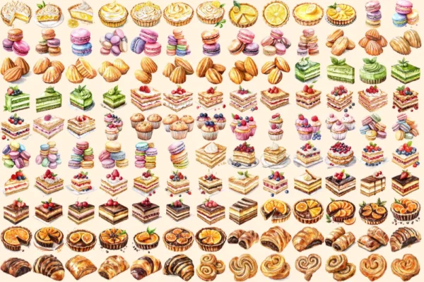 French Pastries Watercolor Clipart Bundle - 895+ transparent PNG, Elegant dessert graphics, Pastry images, Commercial use, Digital download