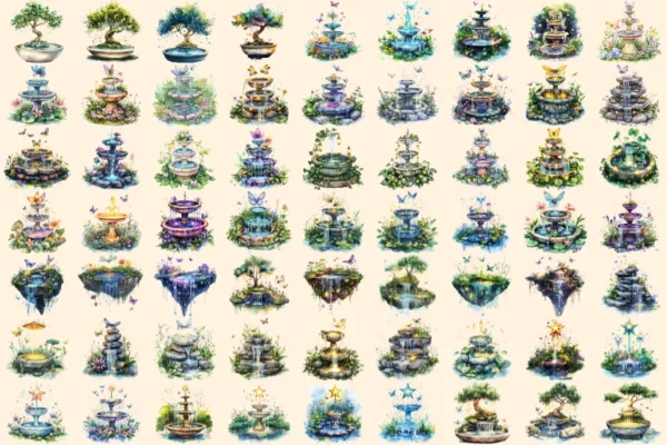 Fairy Fountains Watercolor Clipart Bundle - 427+ transparent PNG, Magical garden graphics, Enchanted fairy, Commercial use, Digital download