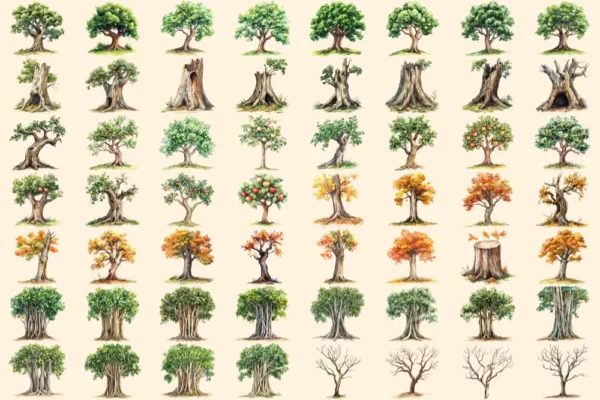 Tree Trunks Watercolor Clipart Bundle - 385+ transparent PNG, Wooden nature illustration, Eco forest art, Commercial use, Digital download