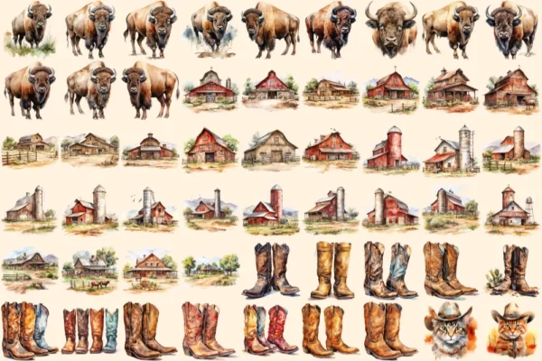 Ranch Watercolor Clipart Bundle - 374+ transparent PNG, Rustic homestead illustration, Western ranch art, Commercial use, Digital download
