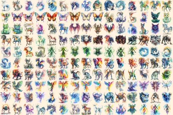 Mystical Creatures Watercolor Clipart Bundle - 1037+ transparent PNG, Mythical creatures png, Magical art, Commercial use, Digital download