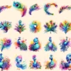 Rainbow Peacocks Watercolor Clipart Bundle - 175+ transparent PNG, Vibrant bird png, Colorful feathered art, Commercial use,Digital download