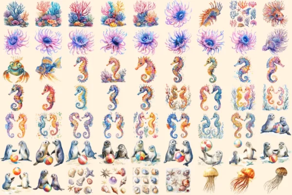 Under the Sea Watercolor Clipart Bundle - 422+ transparent PNG, Ocean life graphics, Marine creature art, Commercial use, Digital download