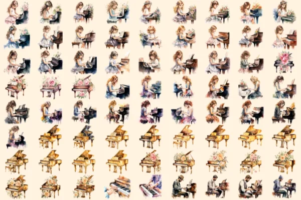 Piano Watercolor Clipart Bundle - 492+ transparent PNG, Musical instrument graphics, Melodic piano keys, Commercial use, Digital download