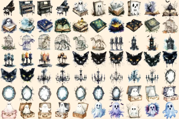 Haunted Mansion Watercolor Clipart Bundle - 475+ transparent PNG, Eerie house png, Ghostly spooky decor, Commercial use, Digital download