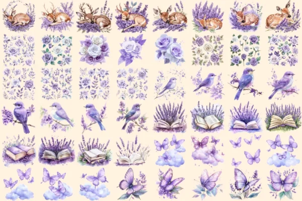 Fairy Dust Watercolor Clipart Bundle - 325+ transparent PNG, Fairytale purple graphics, Whimsical lilac art, Commercial use,Digital download