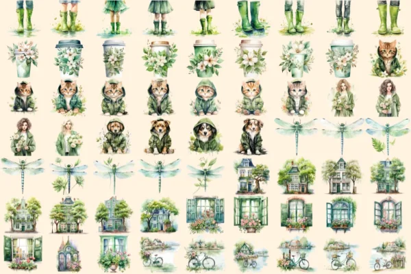 Green Spring Watercolor Clipart Bundle - 430+ transparent PNG, Cute spring girl graphics, Cozy spring png, Commercial use,Digital download