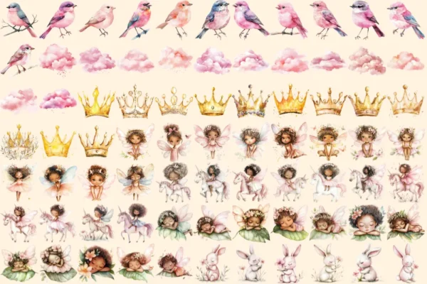 Fairy World Watercolor Clipart Bundle - 523+ transparent PNG, Whimsical fairy garden graphics, Unicorn png, Commercial use, Digital download