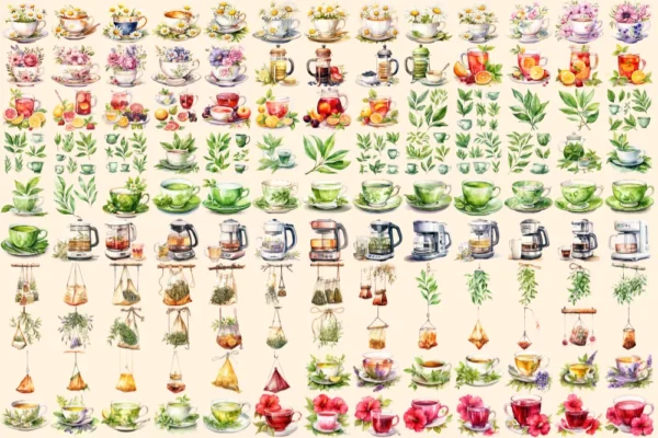 Everyday Tea Watercolor Clipart Bundle - 900+ transparent PNG, Tea bag illustration, Casual beverage images, Commercial use,Digital download