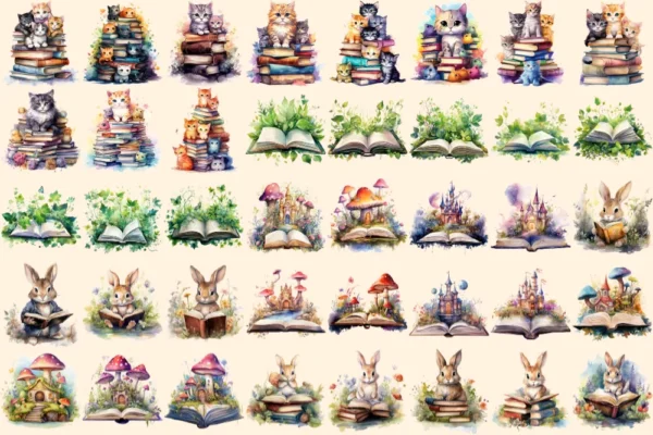 Fairytale Books Watercolor Clipart Bundle - 248+ transparent PNG, Cute storybook graphics, Magical images, Commercial use, Digital download