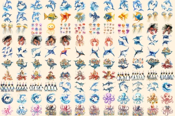 Sea Animals Watercolor Clipart Bundle - 832+ transparent PNG, Marine wildlife graphics, Ocean creature art, Commercial use, Digital download