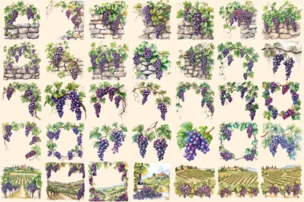 Vineyards Watercolor Clipart Bundle - 233+ transparent PNG, Rustic vineyard landscapes, Wine decor images, Commercial use, Digital download