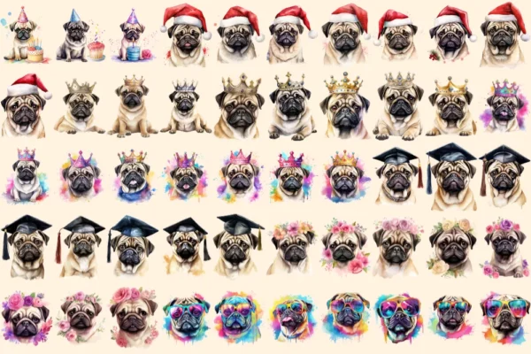 Pugs Watercolor Clipart Bundle - 345+ transparent PNG, Charming pug illustrations, Playful puppy graphics, Commercial use, Digital download