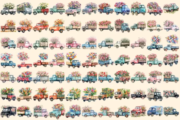 Floral Trucks Watercolor Clipart Bundle - 523+ transparent PNG, Blossom truck graphics, Floral vehicle png, Commercial use, Digital download