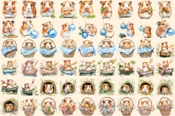 Guinea Pigs Watercolor Clipart Bundle - 365+ transparent PNG, Adorable hamster graphics, Cute pet images, Commercial use, Digital download