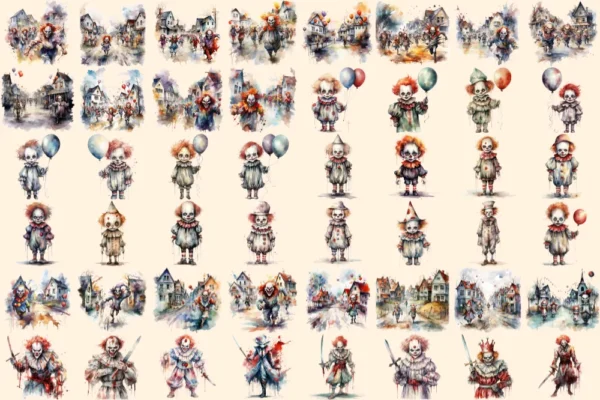 Scary Clowns Watercolor Clipart Bundle - 325+ transparent PNG, Creepy halloween graphics, Spooky clown art, Commercial use, Digital download