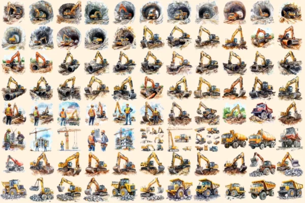 Construction Vehicles Watercolor Clipart Bundle - 600+ transparent PNG, Construction images, Machinery png, Commercial use, Digital download