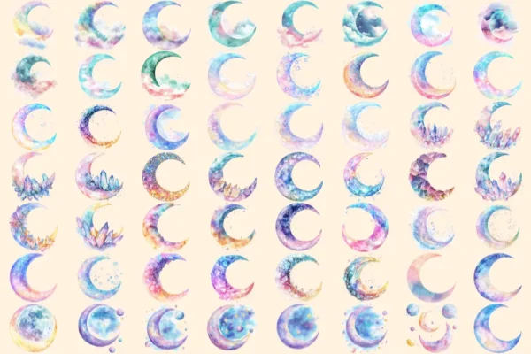 Heavenly Moons Watercolor Clipart Bundle - 389+ transparent PNG, Mystical night graphics, Ethereal moon art, Commercial use,Digital download
