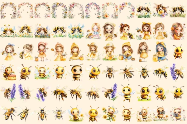 Cute Honey Bees Watercolor Clipart Bundle - 440+ transparent PNG, Sweet bee graphics, Loving insect art, Commercial use, Digital download