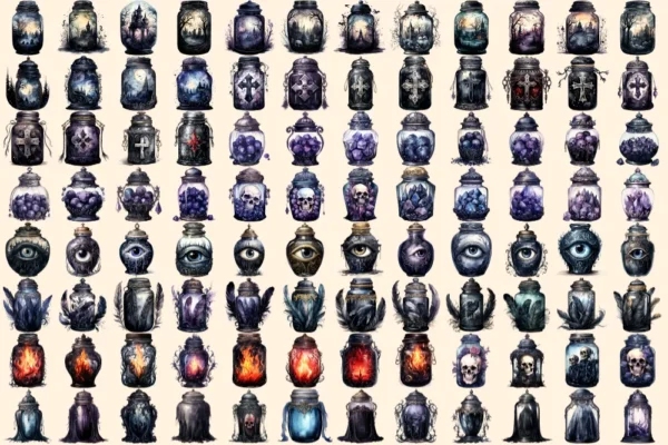 Gothic Jars Watercolor Clipart Bundle - 660+ transparent PNG, Elegant dark illustrations, Mystic jar png, Commercial use, Digital download