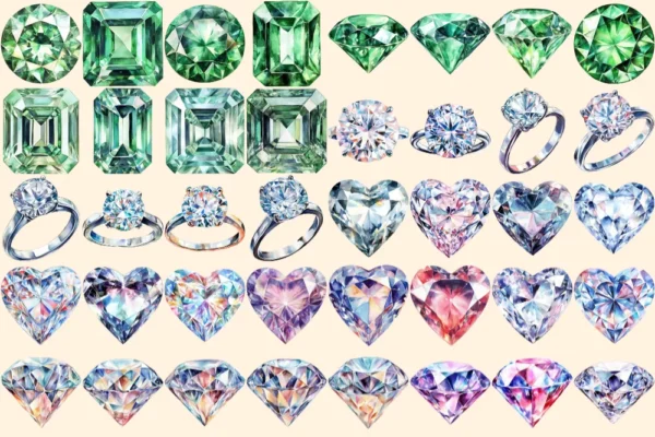 Diamonds Watercolor Clipart Bundle - 270+ transparent PNG, Elegant gem graphics, Sparkling jewel images, Commercial use, Digital download