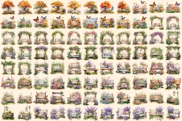 Garden Benches Watercolor Clipart Bundle - 603+ transparent PNG, lovely garden graphics, Rustic outdoor png, Commercial use,Digital download