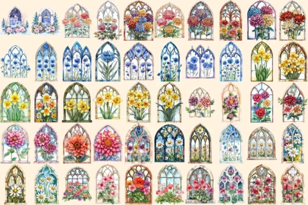 Floral Church Windows Watercolor Clipart Bundle - 340+ transparent PNG, Sacred graphics, Floral glass art, Commercial use, Digital download