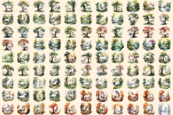 Elderwood Unicorns Watercolor Clipart Bundle - 685+ transparent PNG, Unicorn forest images, Fairytale art, Commercial use, Digital download