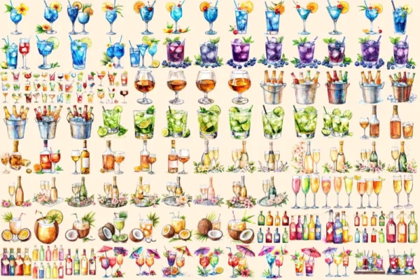 Alcoholic Drinks Watercolor Clipart Bundle - 690+ transparent PNG, Liquor cocktail illustrations, Drink png, Commercial use,Digital download