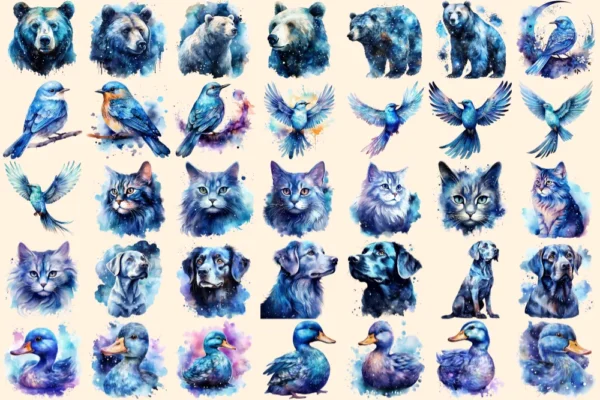 Celestial Animals Watercolor Clipart Bundle - 225+ transparent PNG, Cosmic animal graphics, Galactic art, Commercial use, Digital download