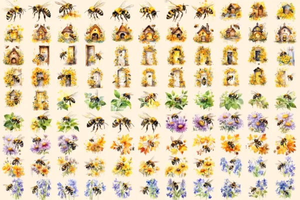 Bumblebees Watercolor Clipart Bundle - 645+ transparent PNG, Honey insect illustrations, Buzzing bee png, Commercial use, Digital download