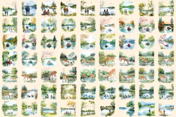 Spring Lakes Watercolor Clipart Bundle - 430+ transparent PNG, Peaceful lake graphics, Soothing scenic png, Commercial use, Digital download