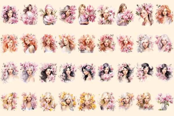 Magnolia Watercolor Clipart Bundle - 234+ transparent PNG, Botanical floral illustrations, Blossom images, Commercial use, Digital download