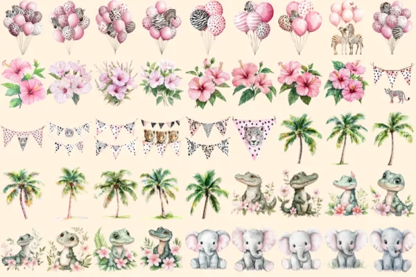 Pink Safari Watercolor Clipart Bundle - 290+ transparent PNG, Delicate nature graphics, Pink wildlife art, Commercial use, Digital download