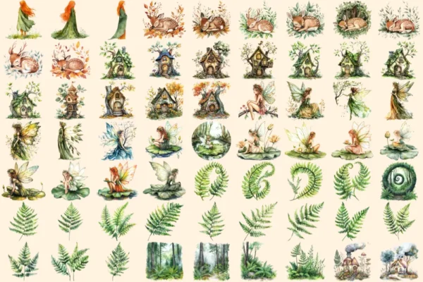 Whispering Woods Watercolor Clipart Bundle - 440+ transparent PNG, Mystical forest graphics, Enchanted art, Commercial use, Digital download